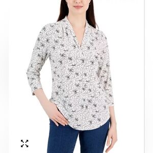 Charter Club Black and White Floral Blouse,Size Small